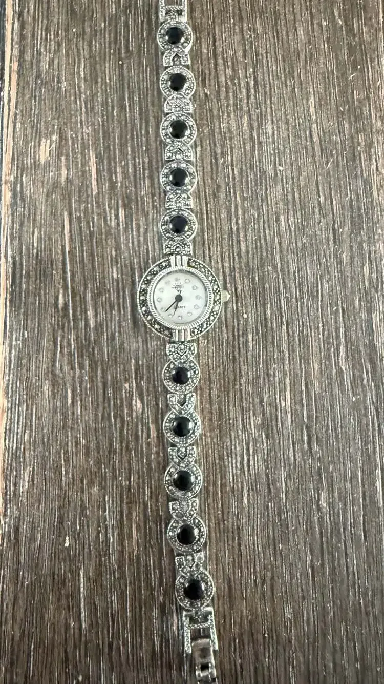 Vintage Sterling Silver 925 Marcasite and Black Onyx Quartz Bracelet Watch